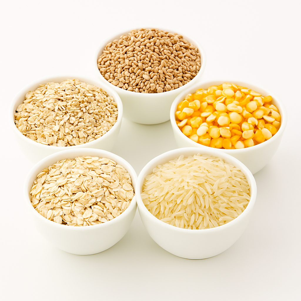 Grains and cereals including rice, wheat, and millets